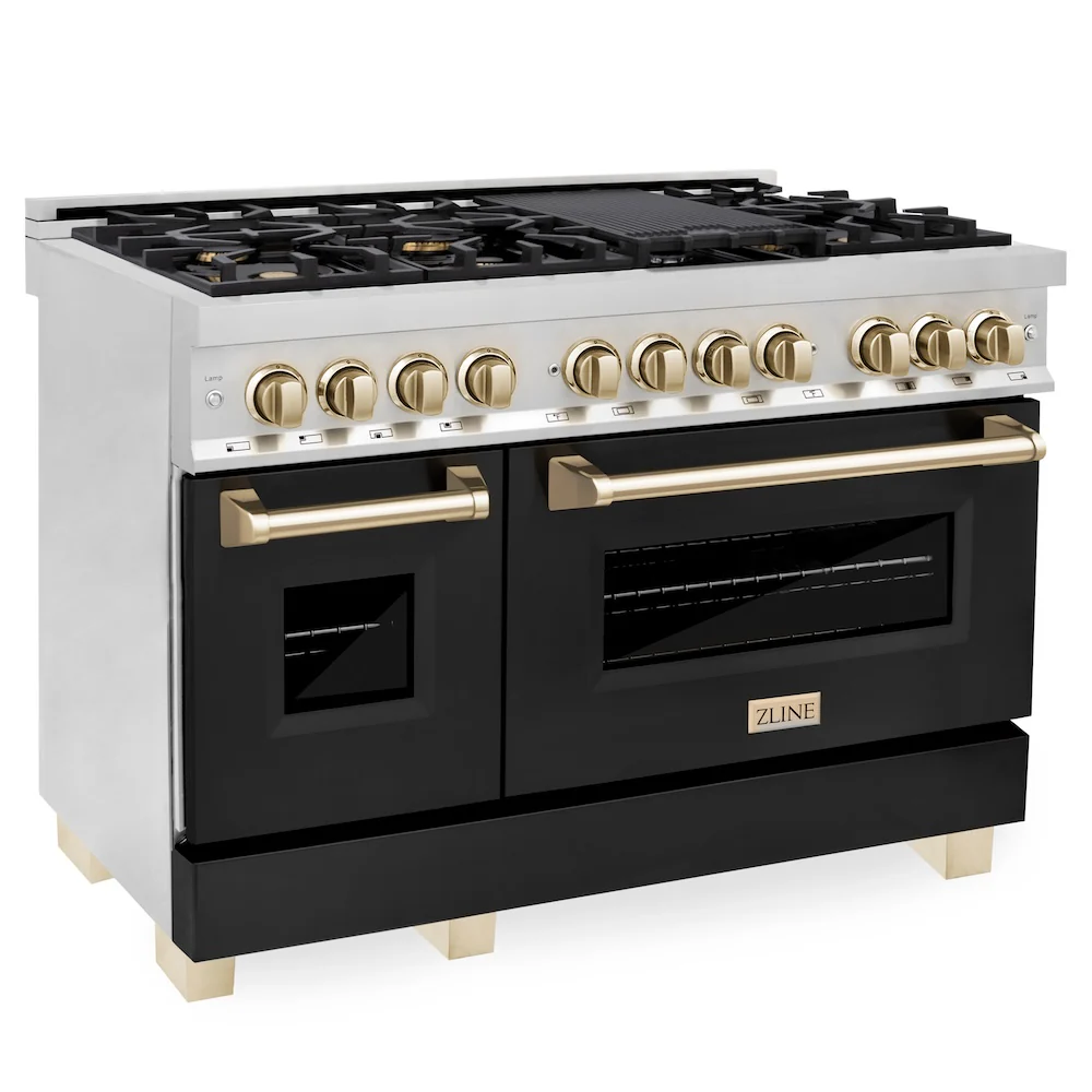 ZLINE Autograph Edition 48 in. 6.0 cu. ft. Legacy Dual Fuel Range with 7 Burner Gas Cooktop and 2 Electric Ovens in Stainless Steel with Black Matte Doors and Polished Gold Accents, Open Box-Great Condition - Image 5