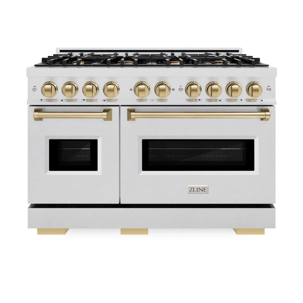 ZLINE Autograph Edition 48 in. 6.7 cu. ft. Classic Double Oven Dual Fuel Range with 8 Burner Gas Cooktop in Satin Stainless Steel and Champagne Bronze Accents, Open Box-Great Condition - Image 4