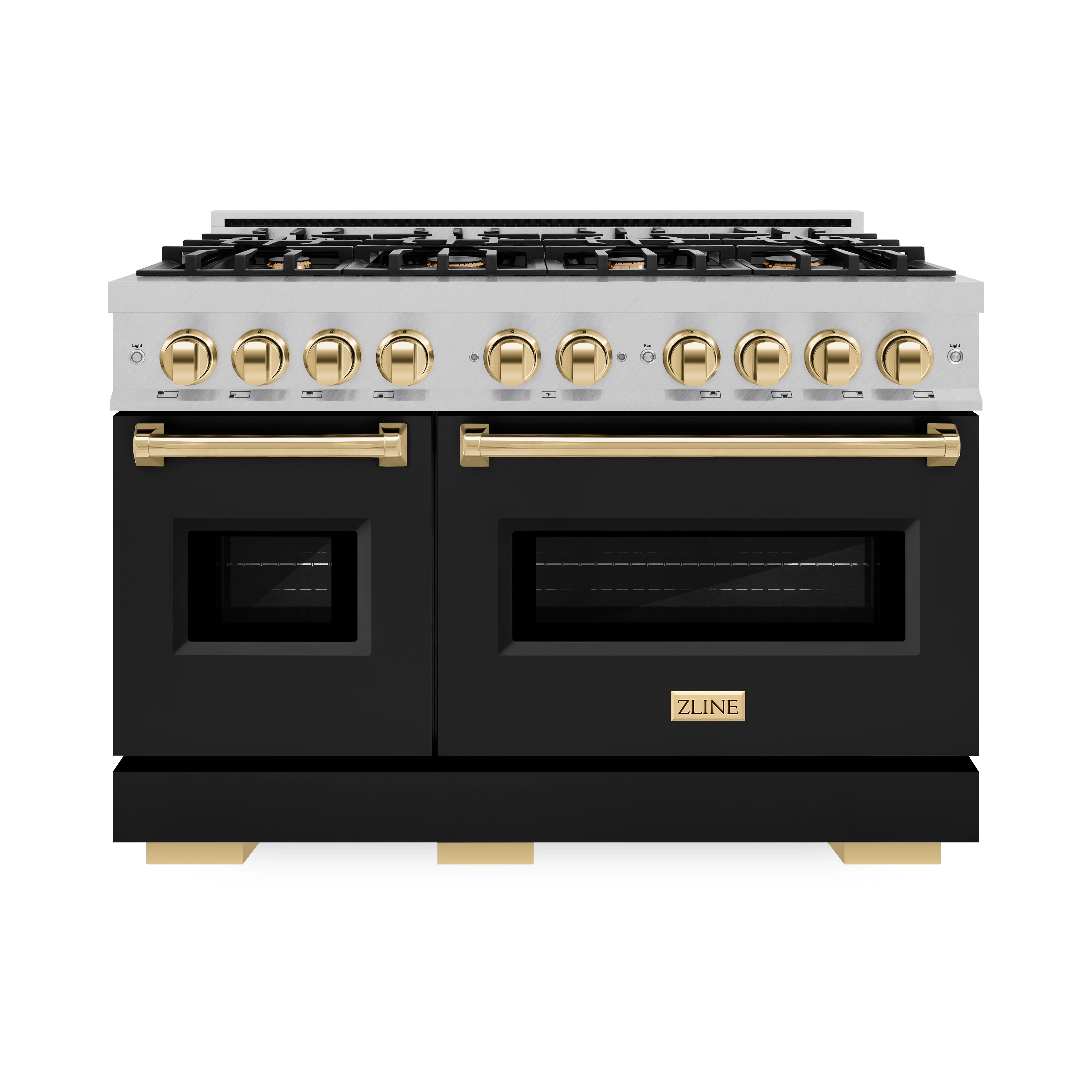 ZLINE Autograph Edition 48 in. 6.7 cu. ft. Classic Double Oven Dual Fuel Range with 8 Burner Gas Cooktop in Satin Stainless Steel with Black Matte Doors and Polished Gold Accents, Open Box-Great Condition - Image 3