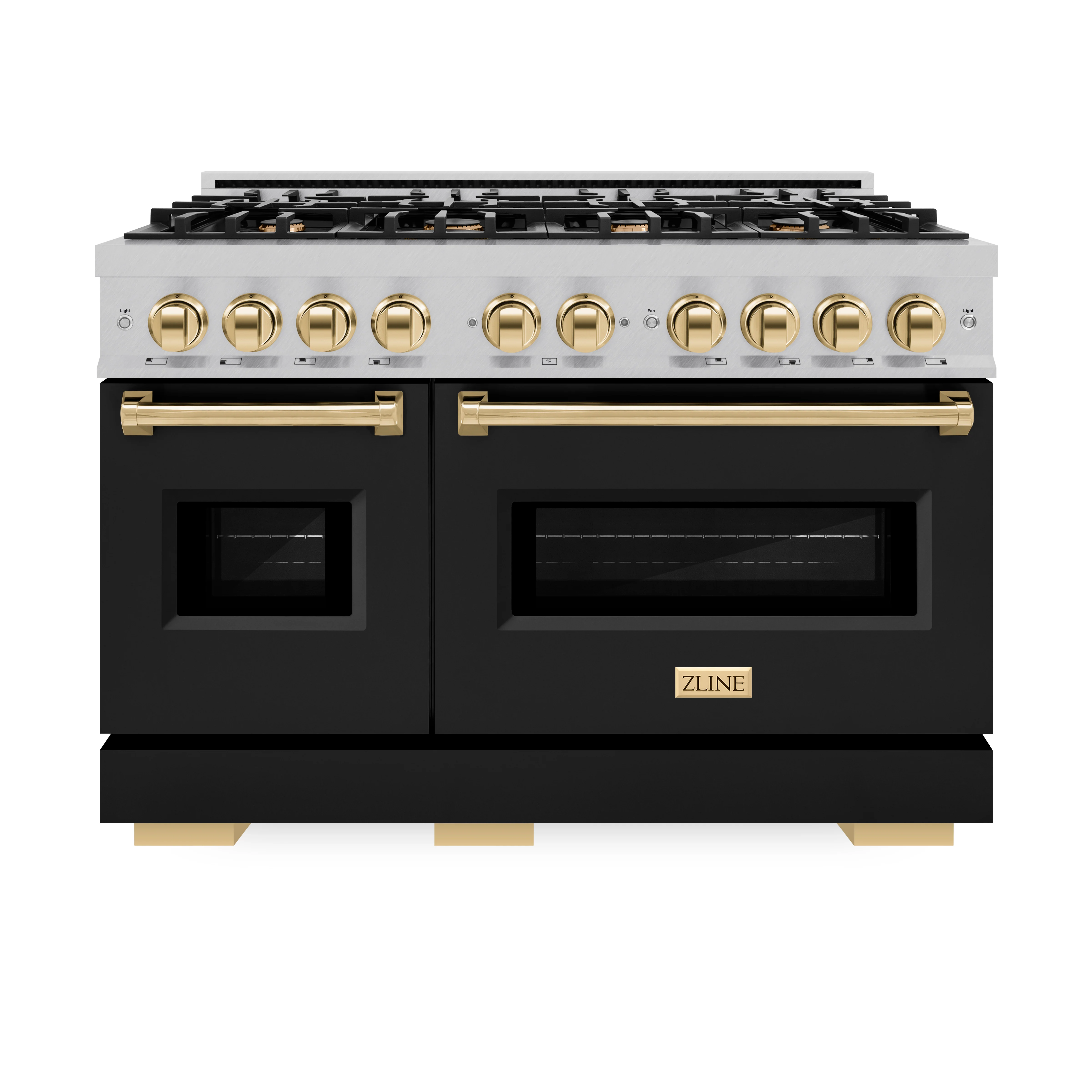ZLINE Autograph Edition 48 in. 6.7 cu. ft. Classic Double Oven Dual Fuel Range with 8 Burner Gas Cooktop in Satin Stainless Steel with Black Matte Doors and Polished Gold Accents, Open Box-Great Condition - Image 4