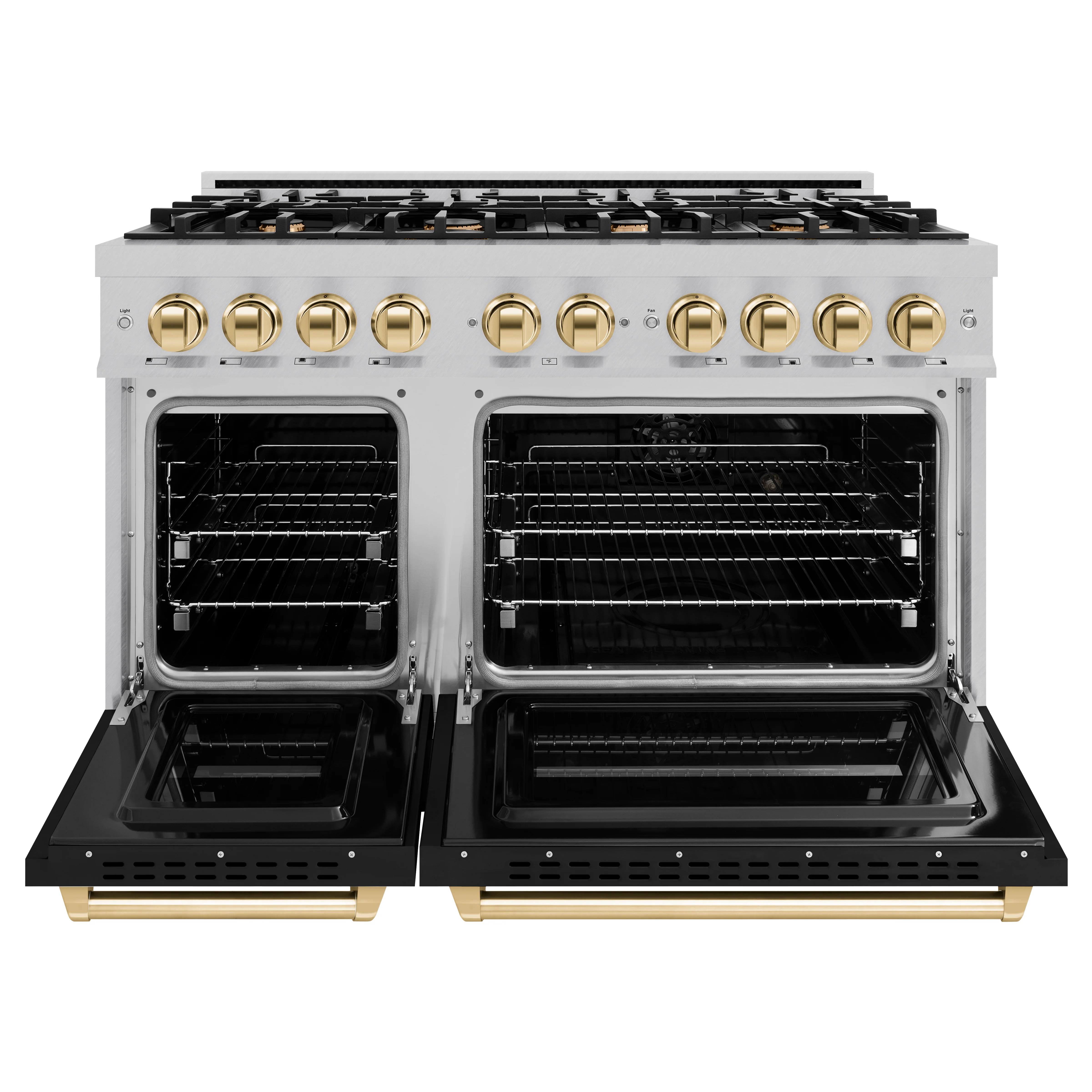 ZLINE Autograph Edition 48 in. 6.7 cu. ft. Classic Double Oven Dual Fuel Range with 8 Burner Gas Cooktop in Satin Stainless Steel with Black Matte Doors and Polished Gold Accents, Open Box-Great Condition - Image 5