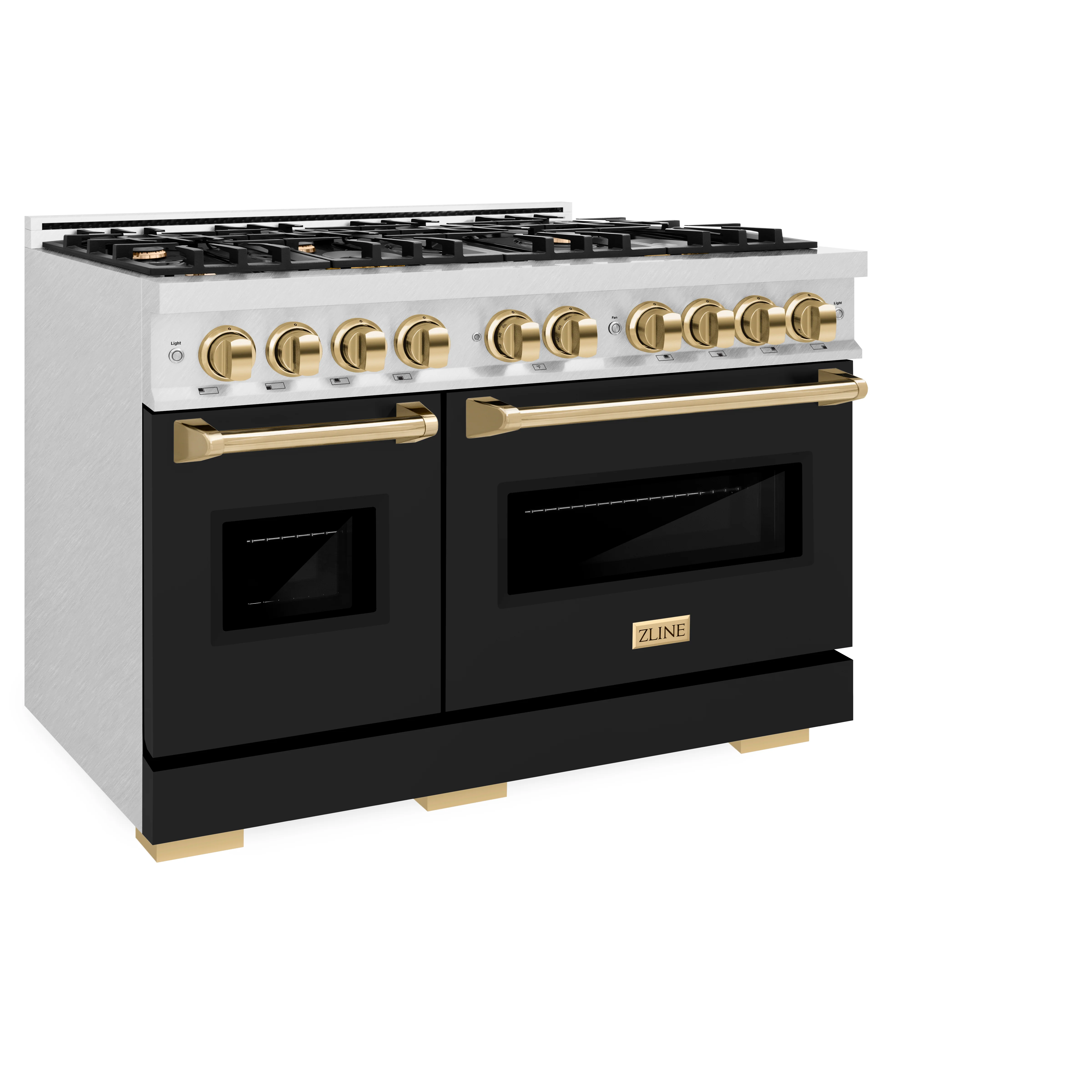ZLINE Autograph Edition 48 in. 6.7 cu. ft. Classic Double Oven Dual Fuel Range with 8 Burner Gas Cooktop in Satin Stainless Steel with Black Matte Doors and Polished Gold Accents, Open Box-Great Condition - Image 6