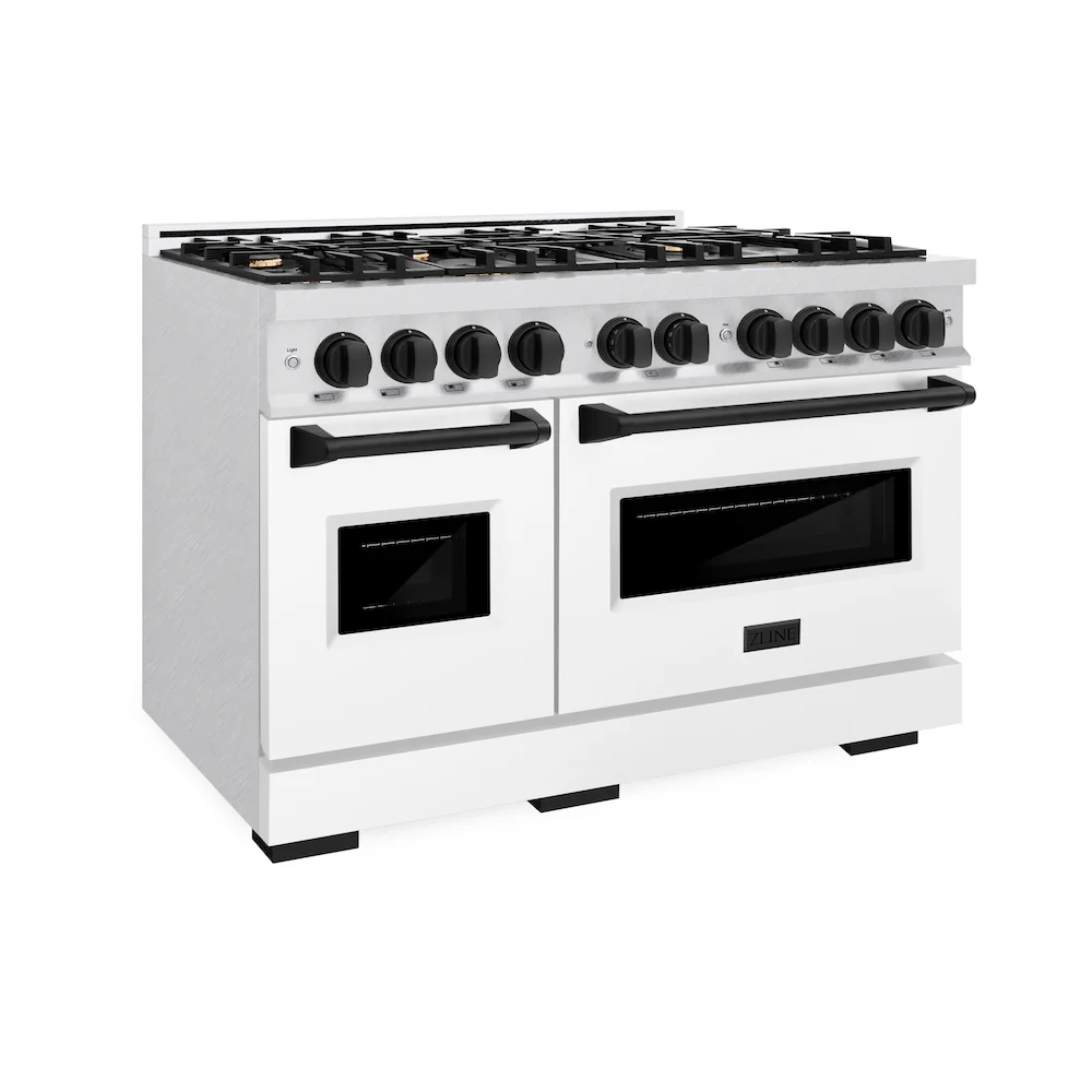 ZLINE Autograph Edition 48 in. 6.7 cu. ft. Classic Double Oven Dual Fuel Range with 8 Burner Gas Cooktop in Satin Stainless Steel with White Matte Doors and Matte Black Accents, Open Box-Great Condition