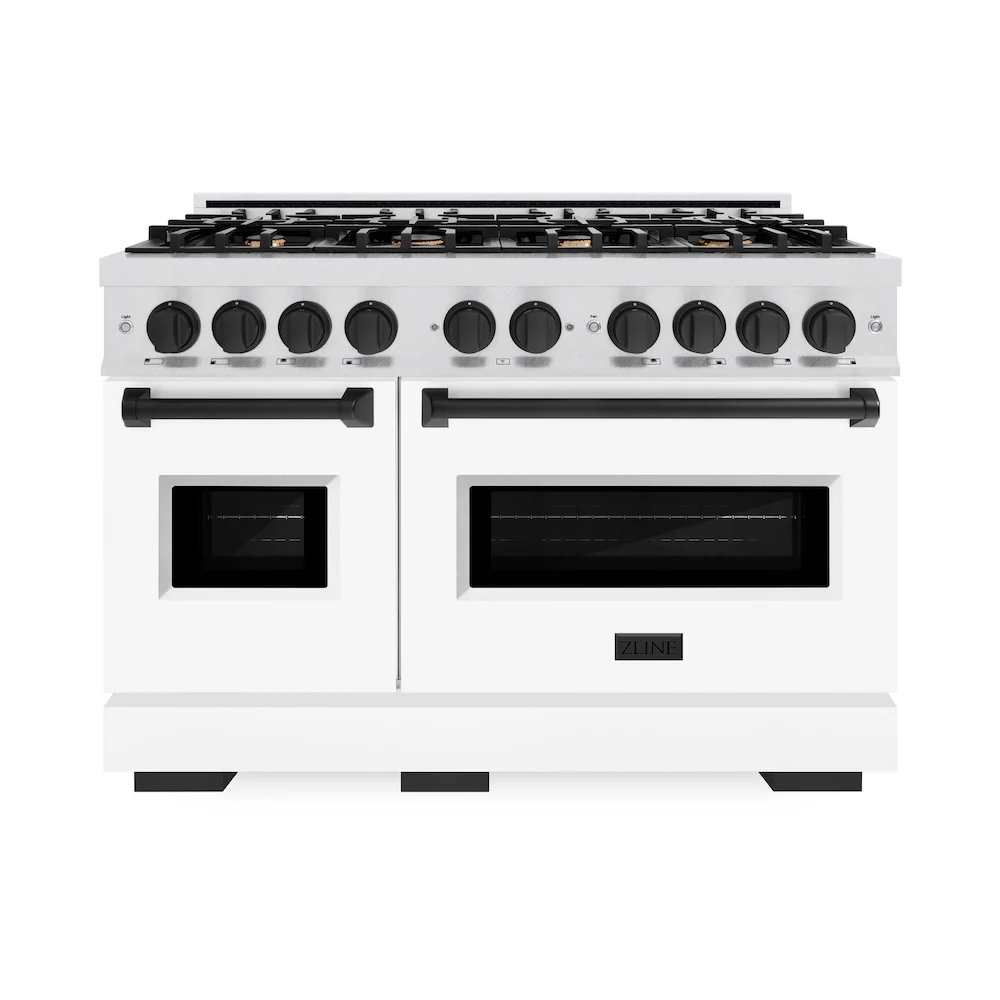 ZLINE Autograph Edition 48 in. 6.7 cu. ft. Classic Double Oven Dual Fuel Range with 8 Burner Gas Cooktop in Satin Stainless Steel with White Matte Doors and Matte Black Accents, Open Box-Great Condition - Image 4