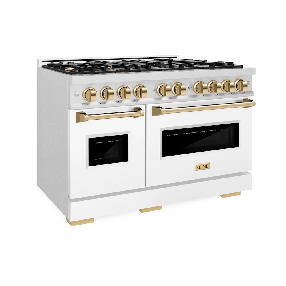 ZLINE Autograph Edition 48 in. 6.7 cu. ft. Classic Double Oven Dual Fuel Range with 8 Burner Gas Cooktop in Satin Stainless Steel with White Matte Doors and Polished Gold Accents, Open Box-Great Condition