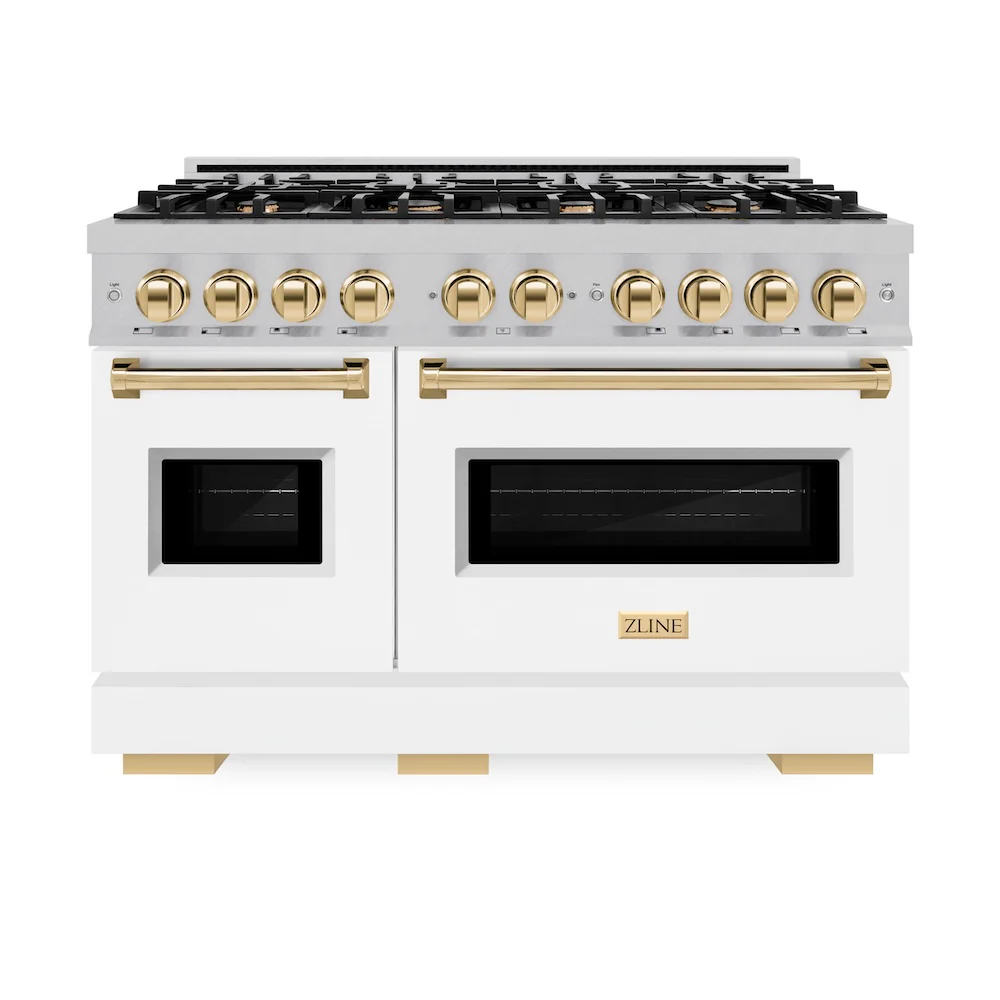 ZLINE Autograph Edition 48 in. 6.7 cu. ft. Classic Double Oven Dual Fuel Range with 8 Burner Gas Cooktop in Satin Stainless Steel with White Matte Doors and Polished Gold Accents, Open Box-Great Condition - Image 3