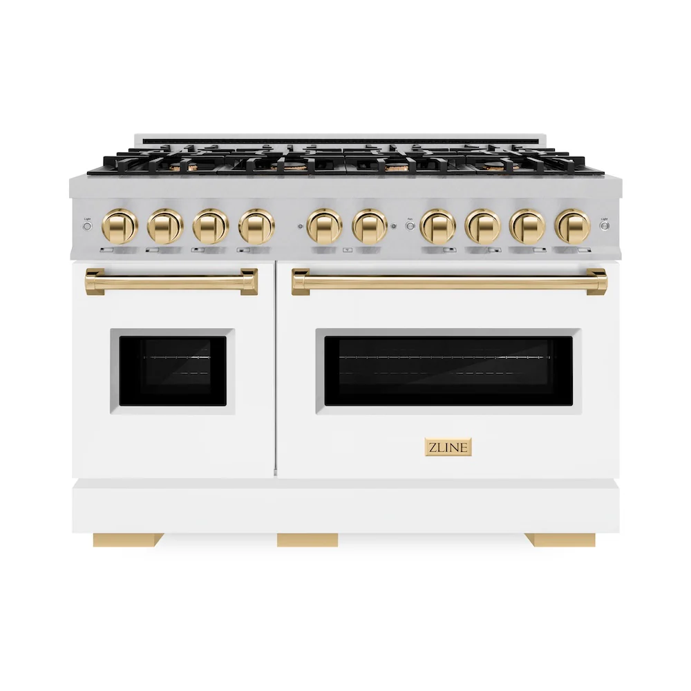 ZLINE Autograph Edition 48 in. 6.7 cu. ft. Classic Double Oven Dual Fuel Range with 8 Burner Gas Cooktop in Satin Stainless Steel with White Matte Doors and Polished Gold Accents, Open Box-Great Condition - Image 4