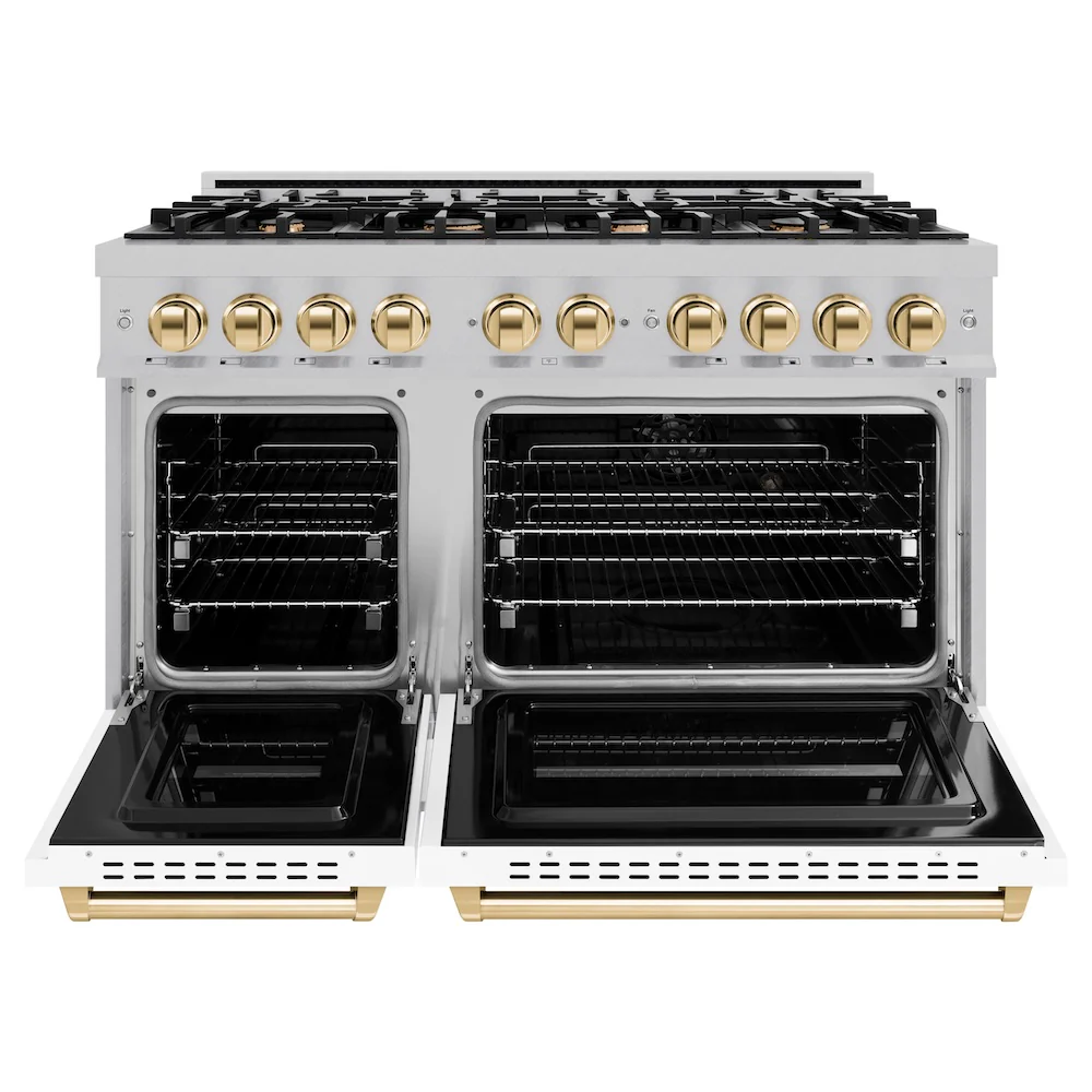 ZLINE Autograph Edition 48 in. 6.7 cu. ft. Classic Double Oven Dual Fuel Range with 8 Burner Gas Cooktop in Satin Stainless Steel with White Matte Doors and Polished Gold Accents, Open Box-Great Condition - Image 5