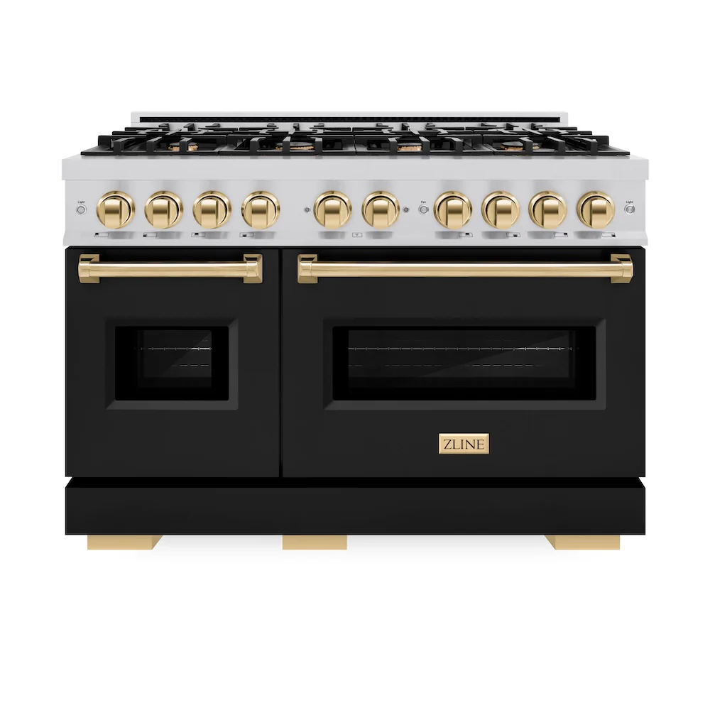 ZLINE Autograph Edition 48 in. 6.7 cu. ft. Classic Double Oven Dual Fuel Range with 8 Burner Gas Cooktop in Stainless Steel with Black Matte Doors and Polished Gold Accents, Open Box-Great Condition - Image 3