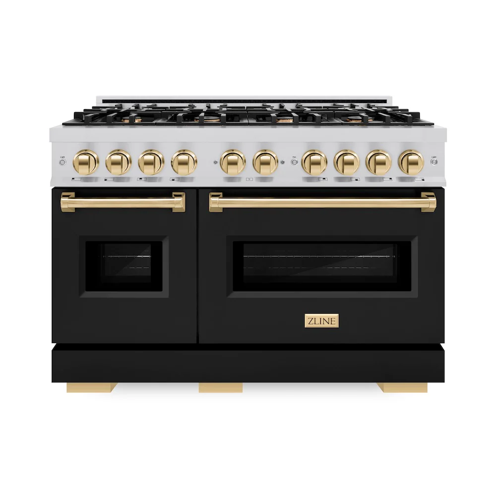 ZLINE Autograph Edition 48 in. 6.7 cu. ft. Classic Double Oven Dual Fuel Range with 8 Burner Gas Cooktop in Stainless Steel with Black Matte Doors and Polished Gold Accents, Open Box-Great Condition - Image 4