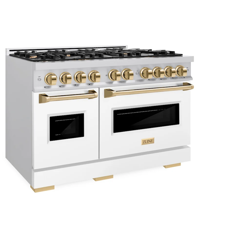 ZLINE Autograph Edition 48 in. 6.7 cu. ft. Classic Double Oven Dual Fuel Range with 8 Burner Gas Cooktop in Stainless Steel with White Matte Door and Polished Gold Accents, Open Box-Great Condition - Image 6