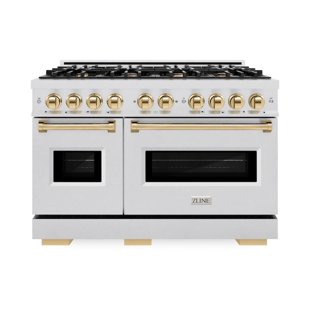 ZLINE Autograph Edition 48 in. 6.7 cu. ft. Classic Double Oven Gas Range with 8 Burner Cooktop in Satin Stainless Steel and Polished Gold Accents, Open Box-Great Condition - Image 4