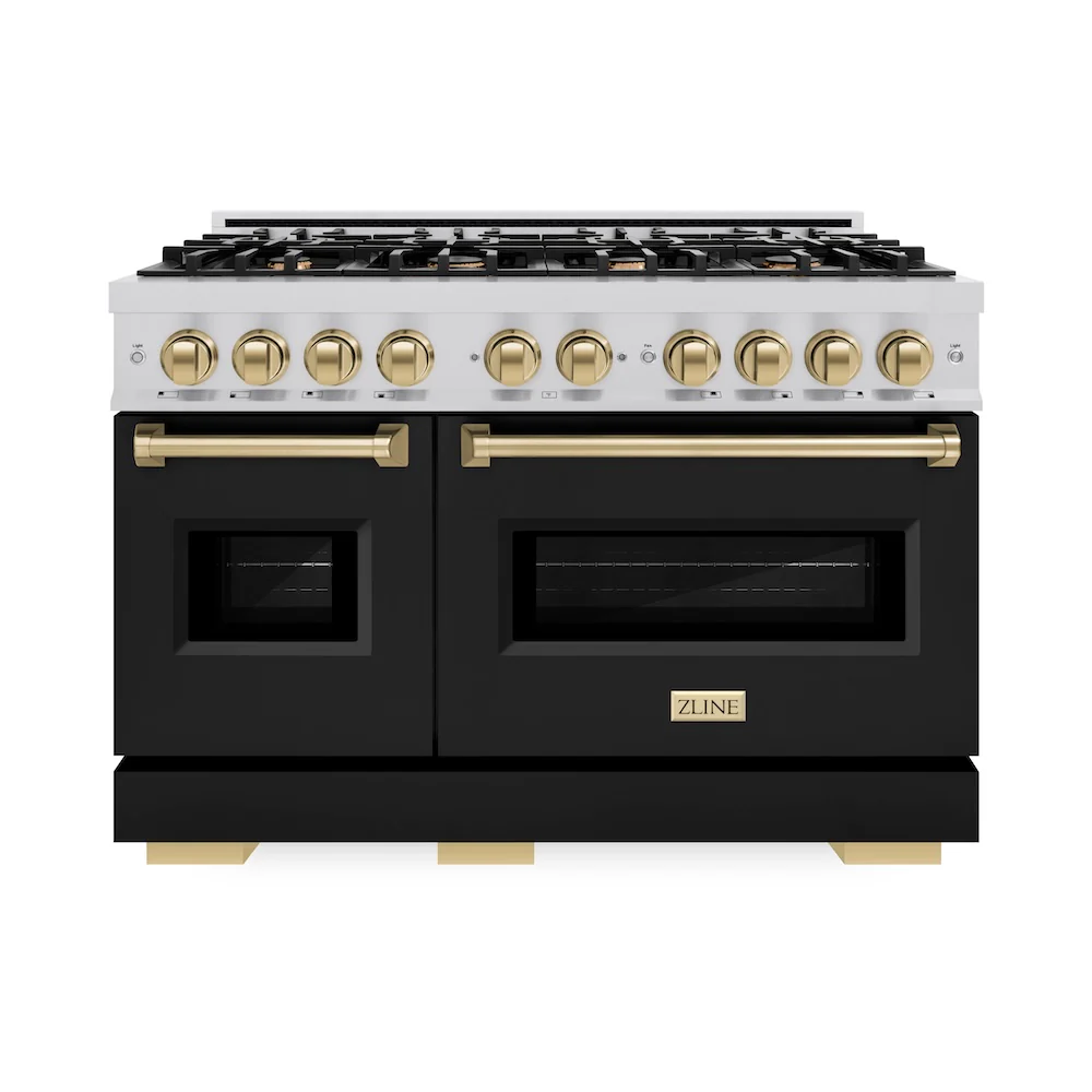 ZLINE Autograph Edition 48 in. 6.7 cu. ft. Classic Double Oven Gas Range with 8 Burner Cooktop in Stainless Steel with Black Matte Doors and Champagne Bronze Accents, Open Box-Great Condition - Image 4