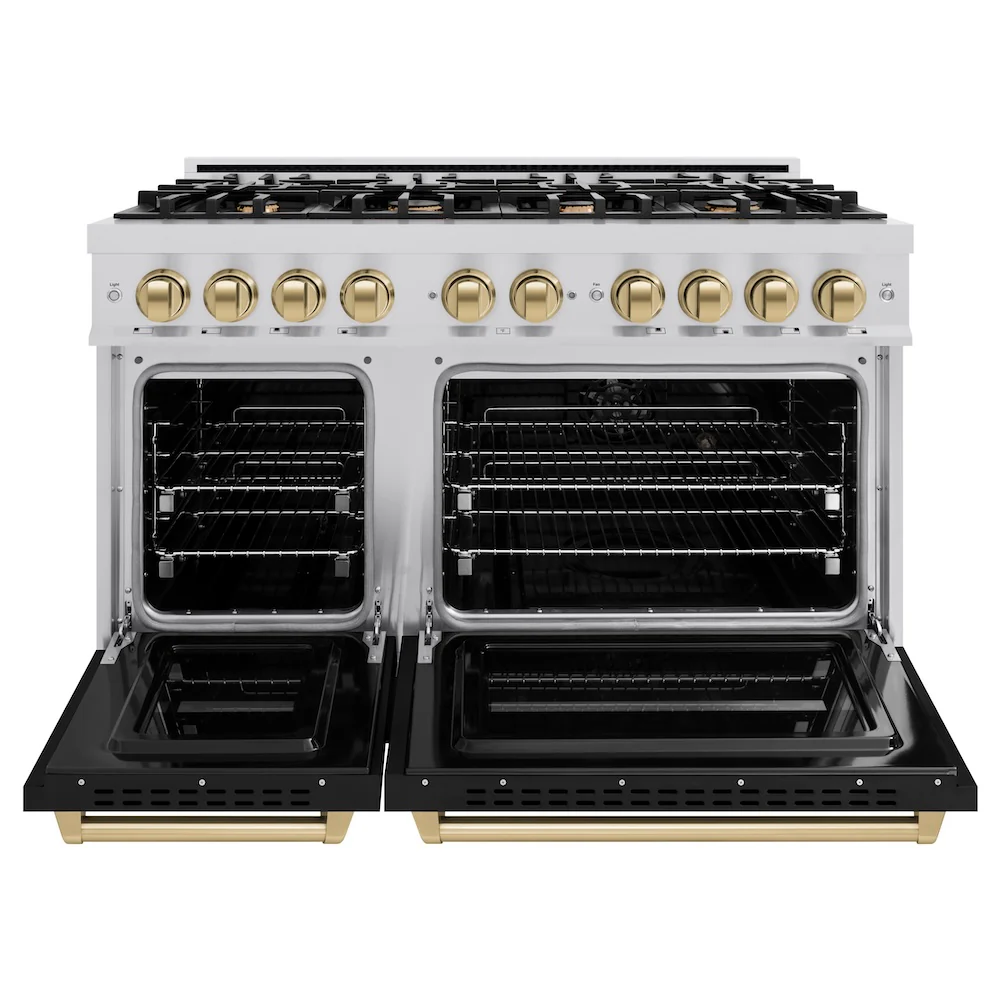 ZLINE Autograph Edition 48 in. 6.7 cu. ft. Classic Double Oven Gas Range with 8 Burner Cooktop in Stainless Steel with Black Matte Doors and Champagne Bronze Accents, Open Box-Great Condition - Image 5