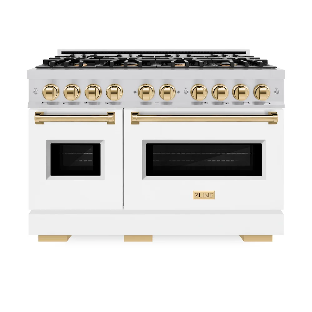 ZLINE Autograph Edition 48 in. 6.7 cu. ft. Classic Double Oven Gas Range with 8 Burner Cooktop in Stainless Steel with White Matte Doors and Polished Gold Accents, Open Box-Great Condition - Image 3