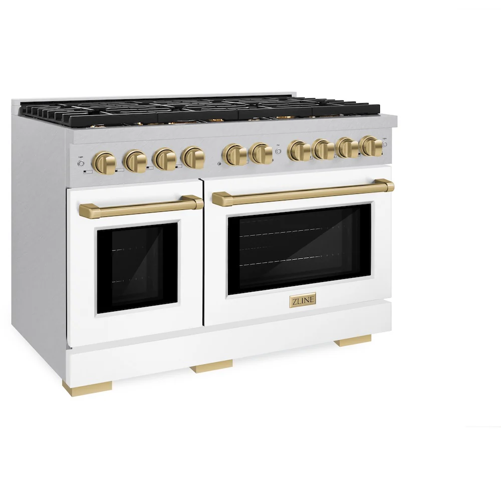 ZLINE Autograph Edition 48 in. 6.7 cu. ft. Paramount Double Oven Dual Fuel Range with 8 Burner Gas Cooktop in Satin Stainless Steel with White Matte Doors and Champagne Bronze Accents, Open Box-Great Condition - Image 6