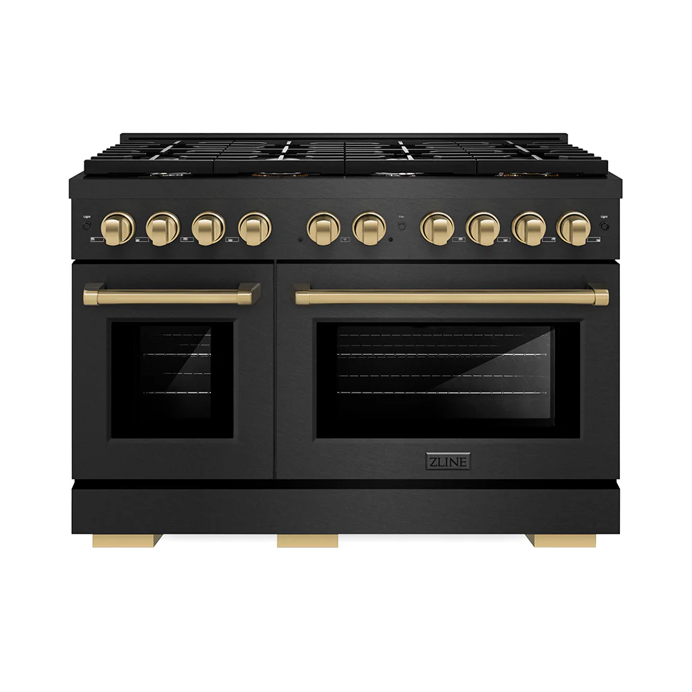 ZLINE Autograph Edition 48 in. 6.7 cu. ft. Paramount Double Oven Gas Range with 8 Burner Cooktop in Black Satin Stainless Steel and Champagne Bronze Accents, Open Box-Great Condition