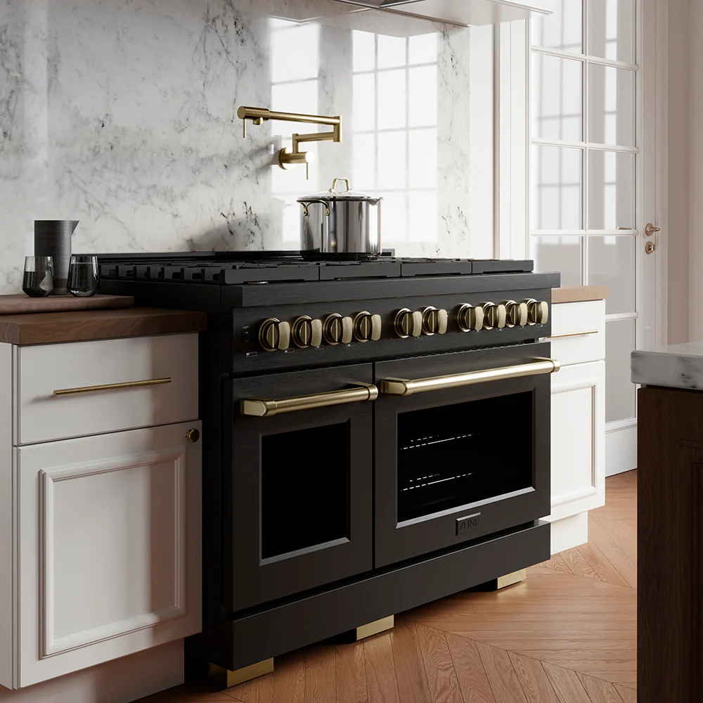 ZLINE Autograph Edition 48 in. 6.7 cu. ft. Paramount Double Oven Gas Range with 8 Burner Cooktop in Black Stainless Steel and Champagne Bronze Accents, Open Box-Great Condition - Image 9