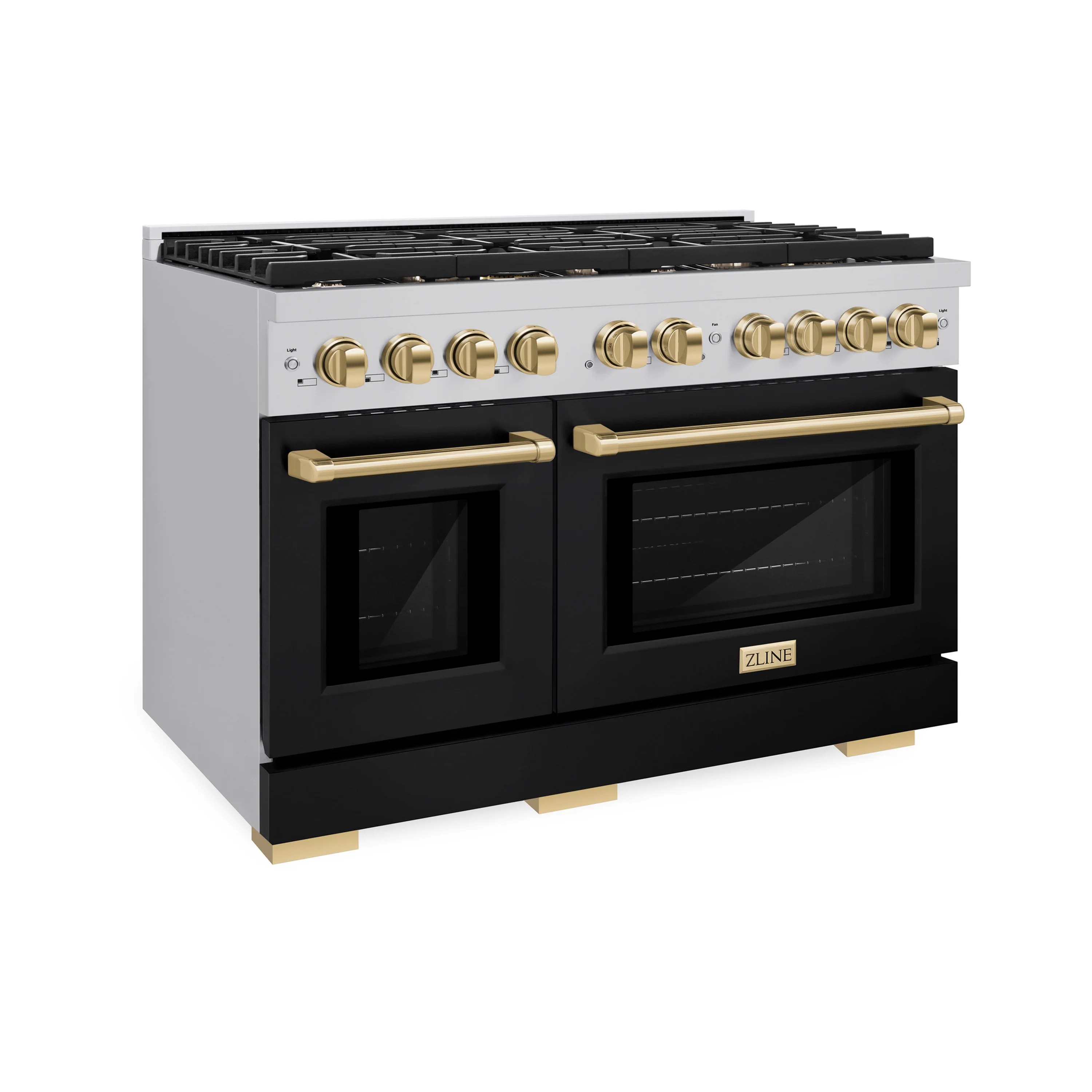 ZLINE Autograph Edition 48 in. 6.7 cu. ft. Paramount Double Oven Gas Range with 8 Burner Cooktop in Stainless Steel with Black Matte Doors and Polished Gold Accents, Open Box-Great Condition