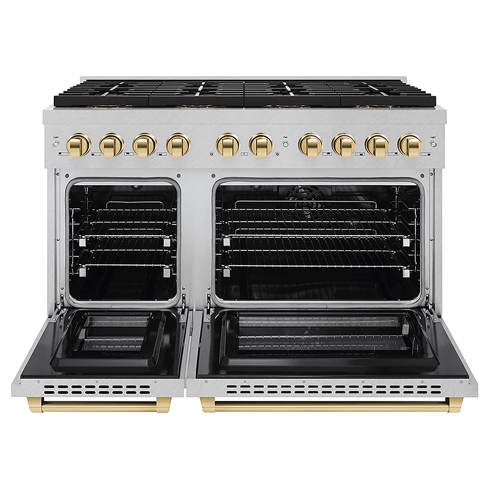 ZLINE Autograph Edition 48 in. 6.7 cu. ft. Paramount Dual Fuel Range with 8 Burner DuoPro™ Cooktop and Dual Ovens in Satin Stainless Steel and Polished Gold Accents, Open Box-Great Condition - Image 4