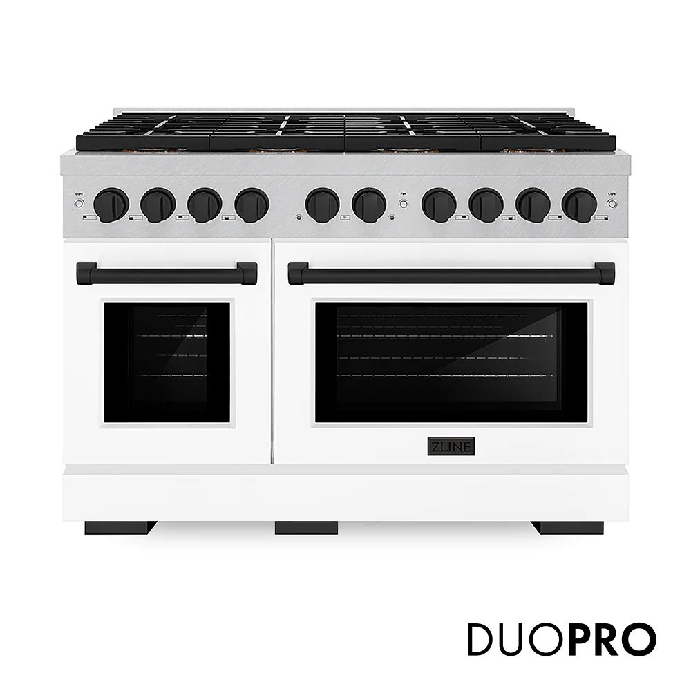 ZLINE Autograph Edition 48 in. 6.7 cu. ft. Paramount Dual Fuel Range with 8 Burner DuoPro™ Cooktop and Dual Ovens in Satin Stainless Steel with White Matte Doors and Matte Black Accents, Open Box-Great Condition