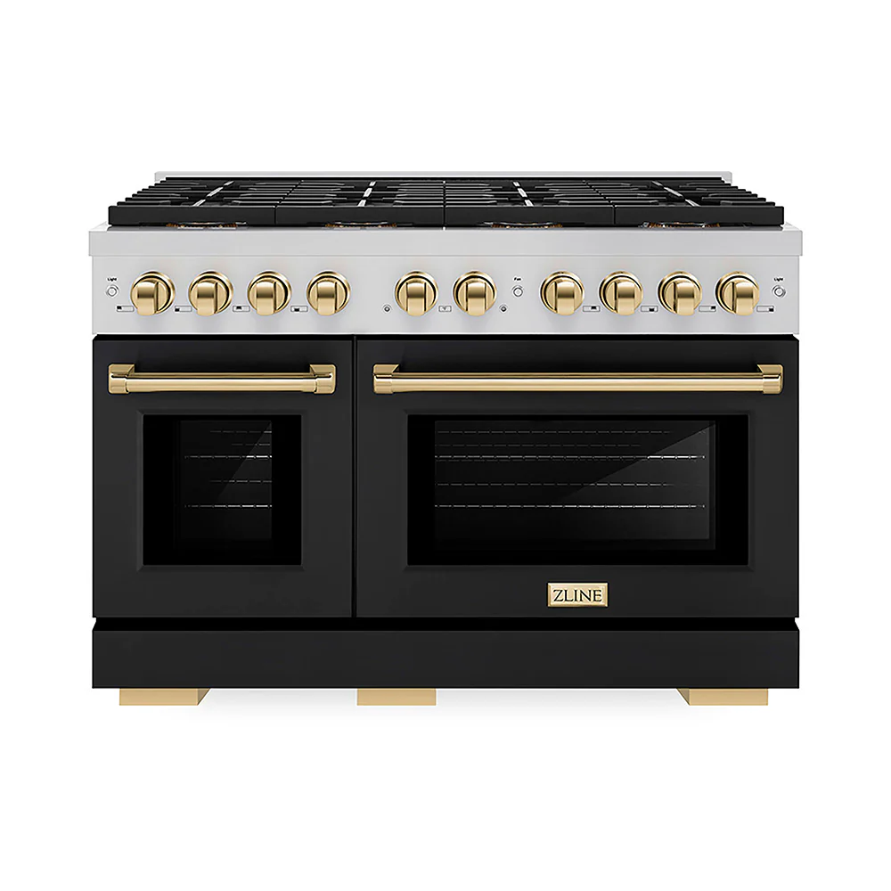 ZLINE Autograph Edition 48 in. 6.7 cu. ft. Paramount Dual Fuel Range with 8 Burner DuoPro™ Cooktop and Dual Ovens with Black Matte Doors and Polished Gold Accents, Open Box-Great Condition - Image 3
