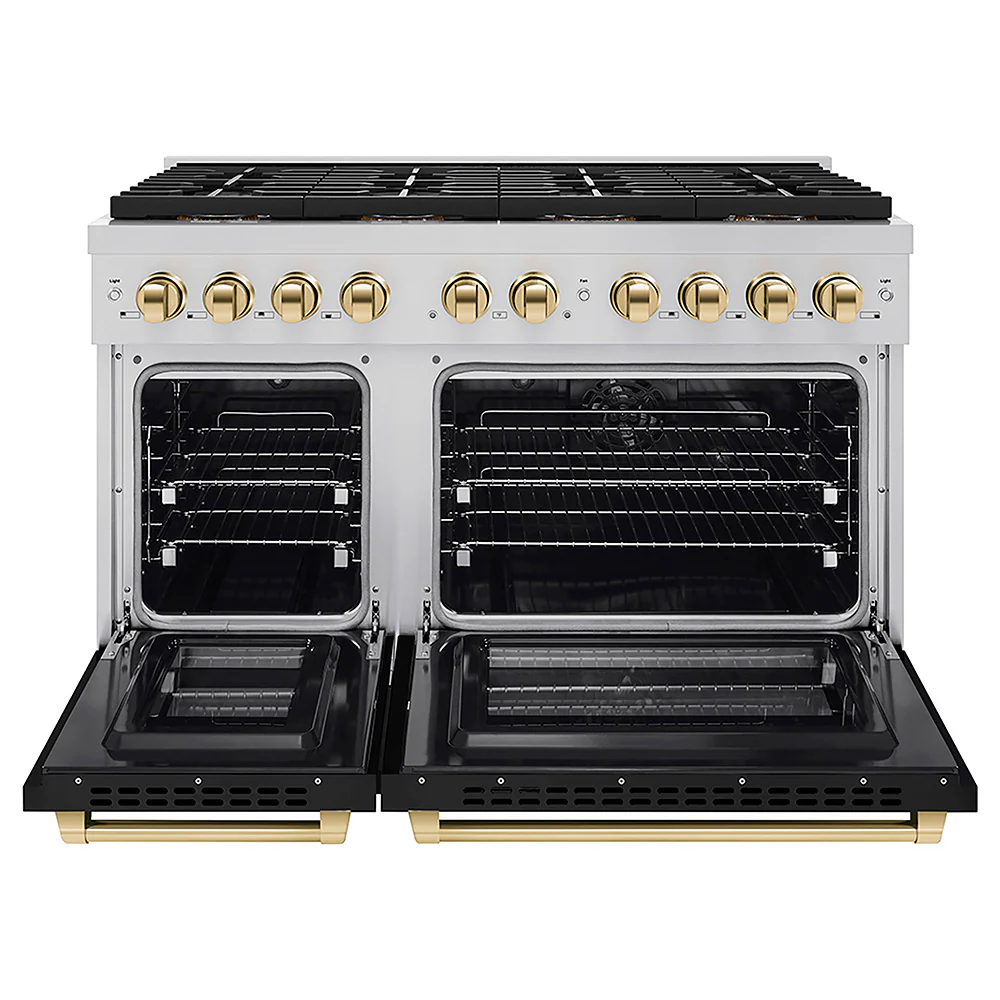 ZLINE Autograph Edition 48 in. 6.7 cu. ft. Paramount Dual Fuel Range with 8 Burner DuoPro™ Cooktop and Dual Ovens with Black Matte Doors and Polished Gold Accents, Open Box-Great Condition - Image 4