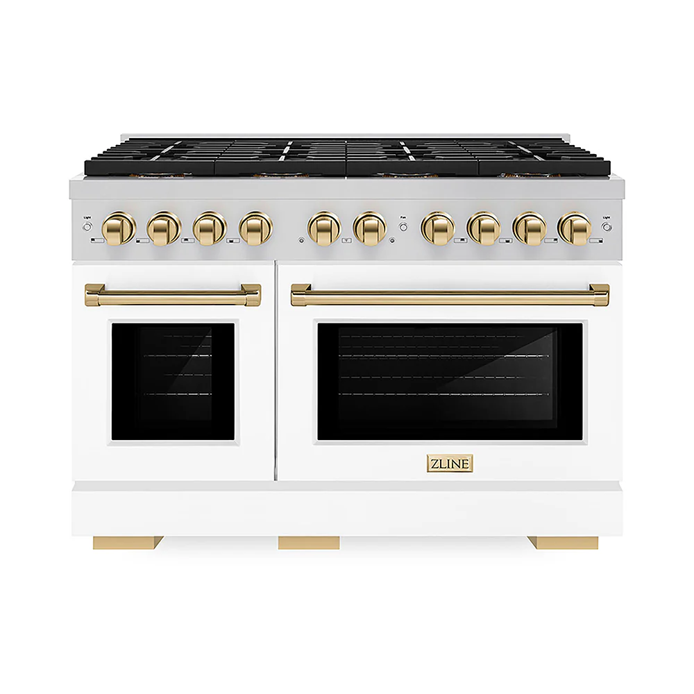 ZLINE Autograph Edition 48 in. 6.7 cu. ft. Paramount Dual Fuel Range with 8 Burner DuoPro™ Cooktop and Dual Ovens with White Matte Doors and Polished Gold Accents, Open Box-Great Condition - Image 3