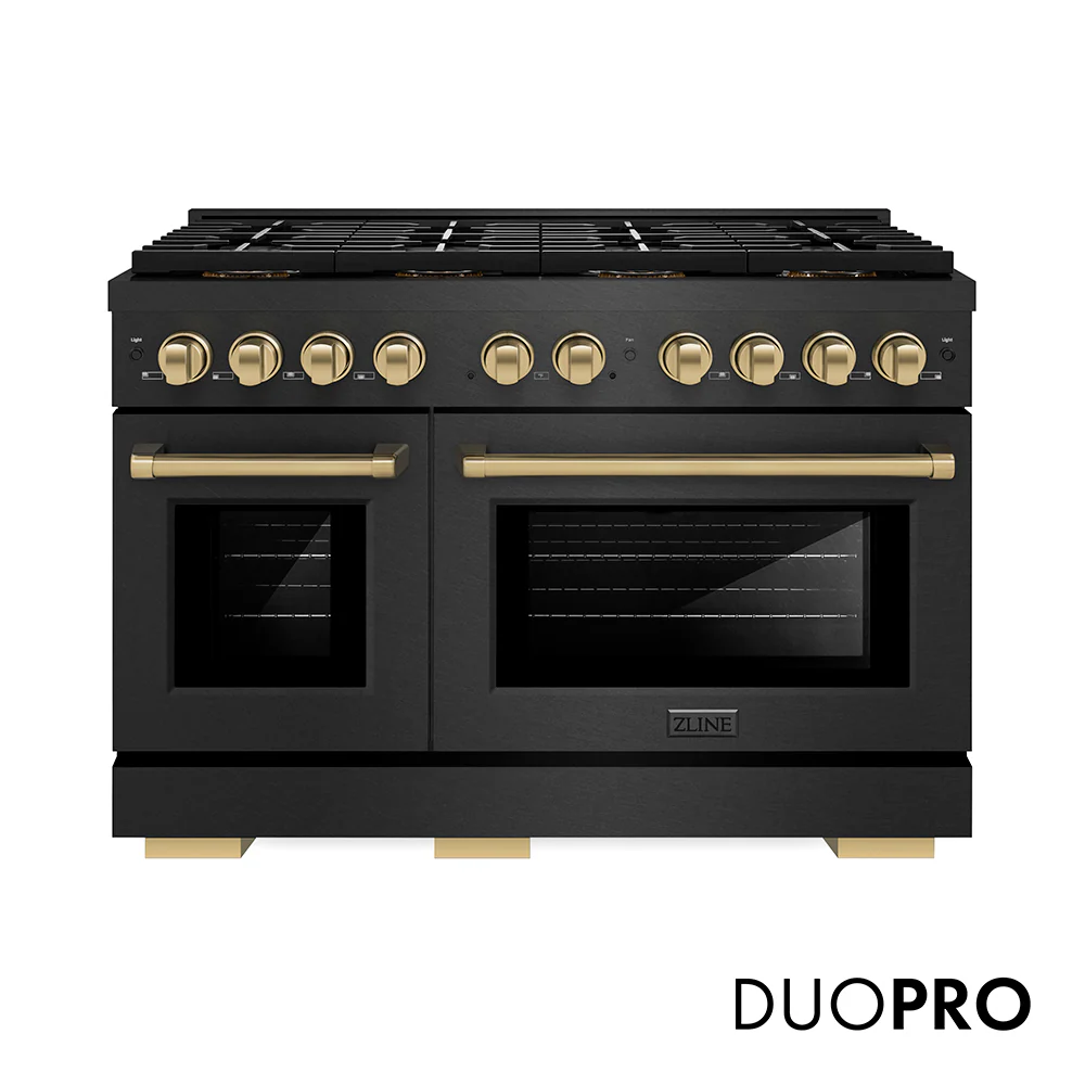 ZLINE Autograph Edition 48 in. 6.7 cu. ft. Paramount Gas Range with 8 Burner DuoPro™ Cooktop and Dual Ovens in Black Satin Stainless Steel and Champagne Bronze Accents, Open Box-Great Condition