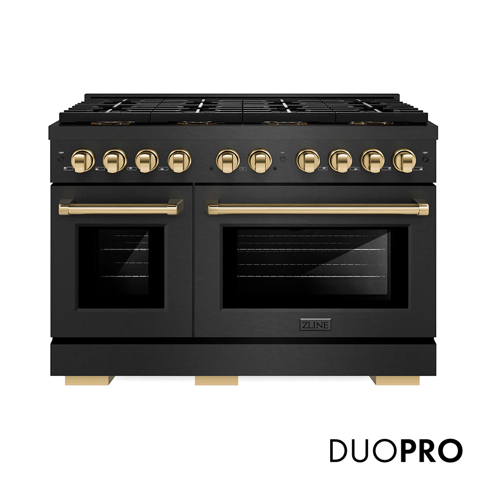 ZLINE Autograph Edition 48 in. 6.7 cu. ft. Paramount Gas Range with 8 Burner DuoPro™ Cooktop and Dual Ovens in Black Satin Stainless Steel and Polished Gold Accents, Open Box-Great Condition