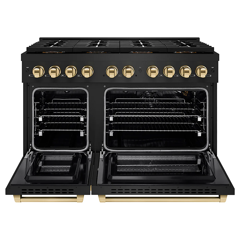 ZLINE Autograph Edition 48 in. 6.7 cu. ft. Paramount Gas Range with 8 Burner DuoPro™ Cooktop and Dual Ovens in Black Stainless Steel and Polished Gold Accents, Open Box-Great Condition - Image 4