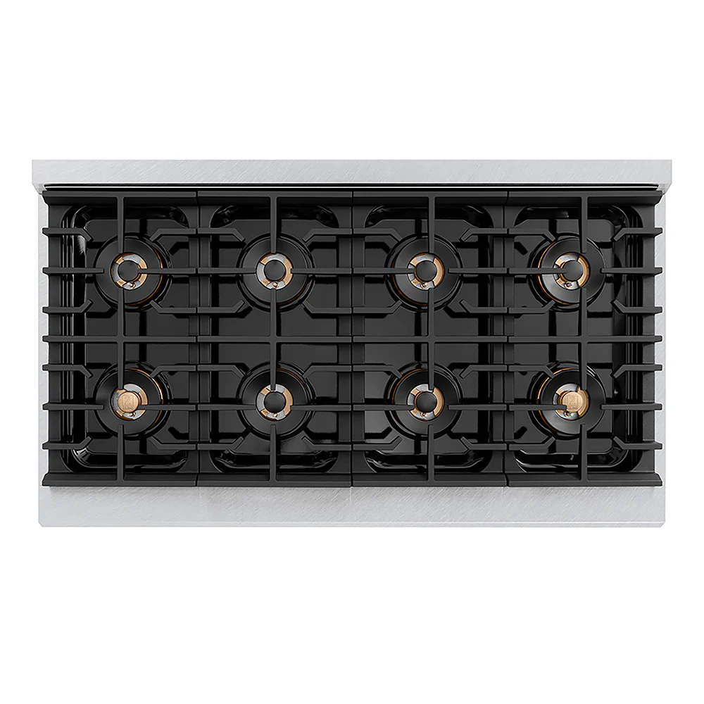 ZLINE Autograph Edition 48 in. 6.7 cu. ft. Paramount Gas Range with 8 Burner DuoPro™ Cooktop and Dual Ovens in Satin Stainless Steel with Black Matte Doors and Champagne Bronze Accents, Open Box-Great Condition - Image 2