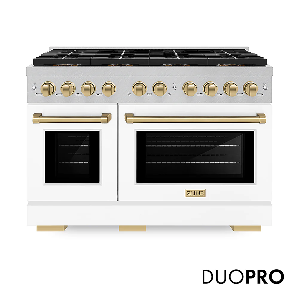 ZLINE Autograph Edition 48 in. 6.7 cu. ft. Paramount Gas Range with 8 Burner DuoPro™ Cooktop and Dual Ovens in Satin Stainless Steel with White Matte Doors and Champagne Bronze Accents, Open Box-Great Condition