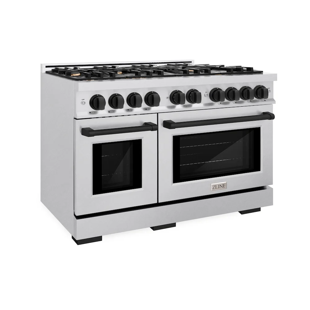 ZLINE Autograph Edition 48 in. 6.7 cu. ft. Select Double Oven Dual Fuel Range with 8 Burner Gas Cooktop in Satin Stainless Steel and Matte Black Accents, Open Box-Great Condition