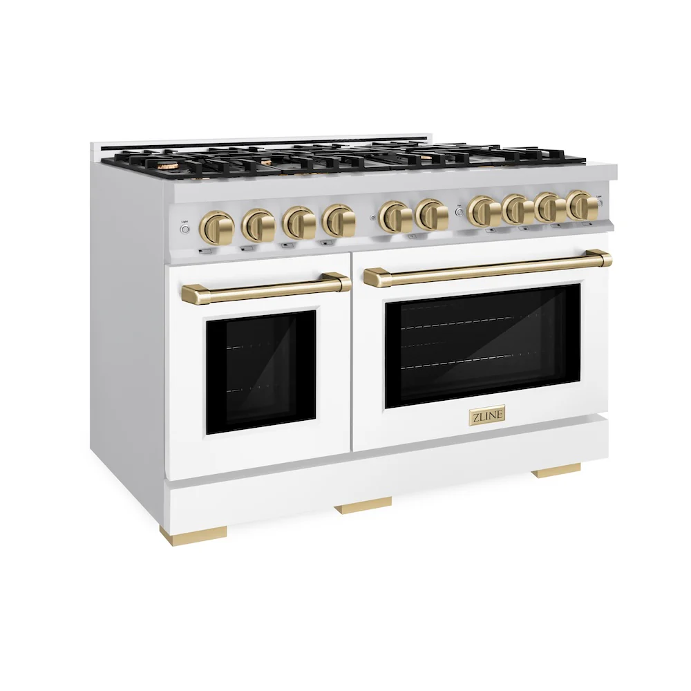 ZLINE Autograph Edition 48 in. 6.7 cu. ft. Select Double Oven Dual Fuel Range with 8 Burner Gas Cooktop in Satin Stainless Steel with White Matte Doors and Champagne Bronze Accents, Open Box-Great Condition