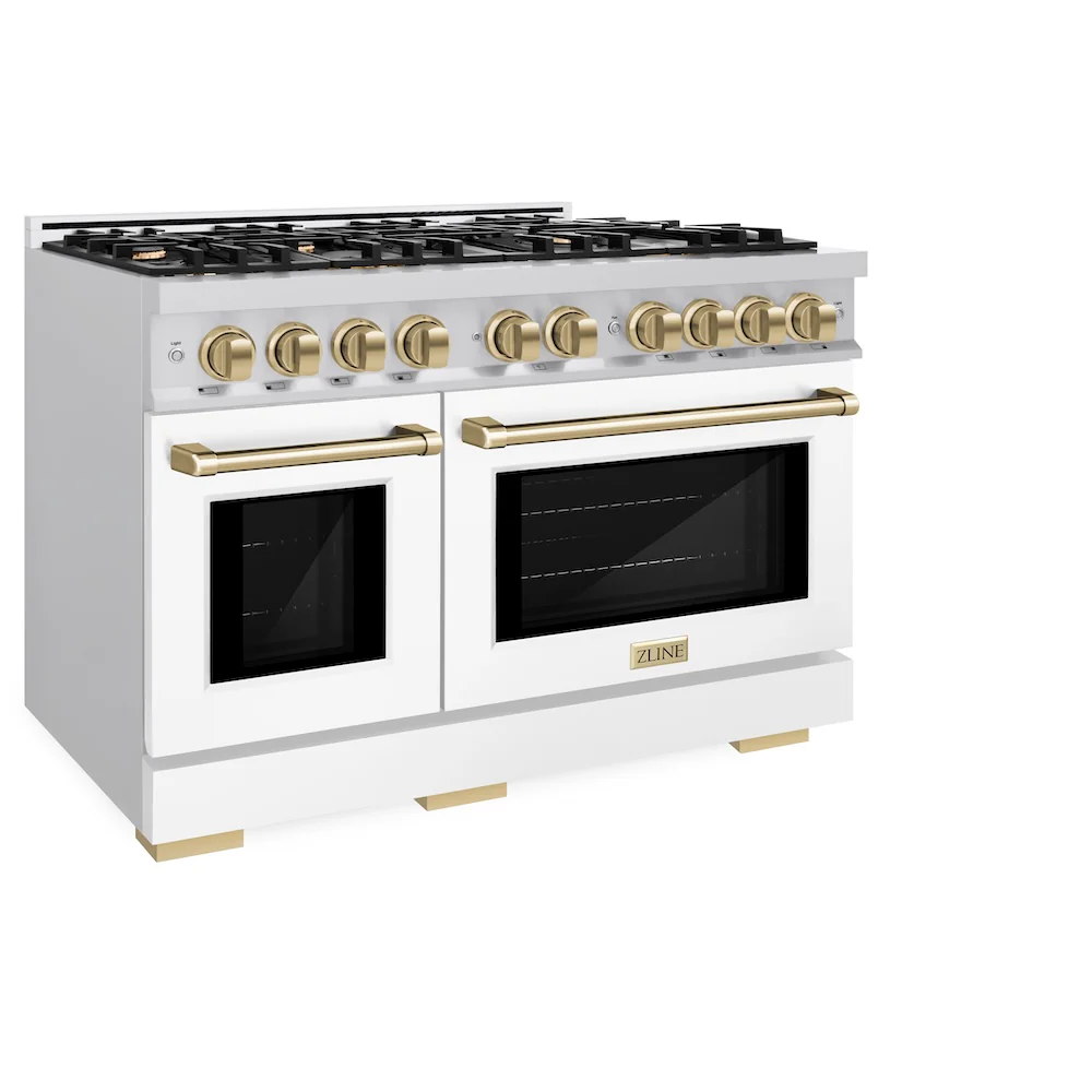 ZLINE Autograph Edition 48 in. 6.7 cu. ft. Select Double Oven Dual Fuel Range with 8 Burner Gas Cooktop in Satin Stainless Steel with White Matte Doors and Champagne Bronze Accents, Open Box-Great Condition - Image 6
