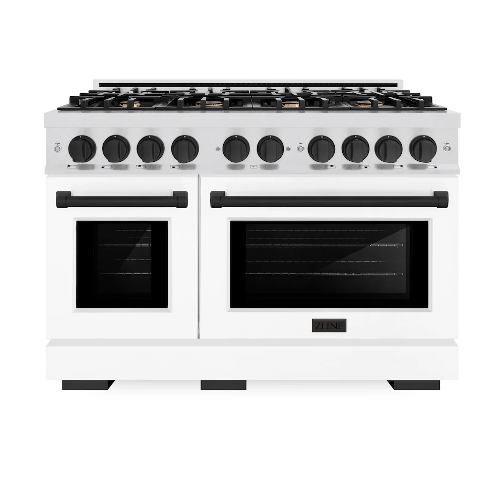 ZLINE Autograph Edition 48 in. 6.7 cu. ft. Select Double Oven Dual Fuel Range with 8 Burner Gas Cooktop in Satin Stainless Steel with White Matte Doors and Matte Black Accents, Open Box-Great Condition - Image 3