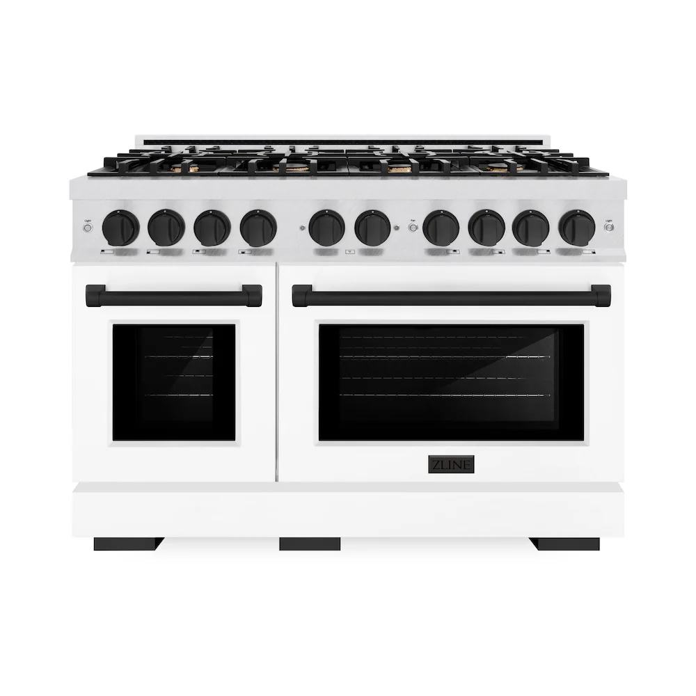 ZLINE Autograph Edition 48 in. 6.7 cu. ft. Select Double Oven Dual Fuel Range with 8 Burner Gas Cooktop in Satin Stainless Steel with White Matte Doors and Matte Black Accents, Open Box-Great Condition - Image 4
