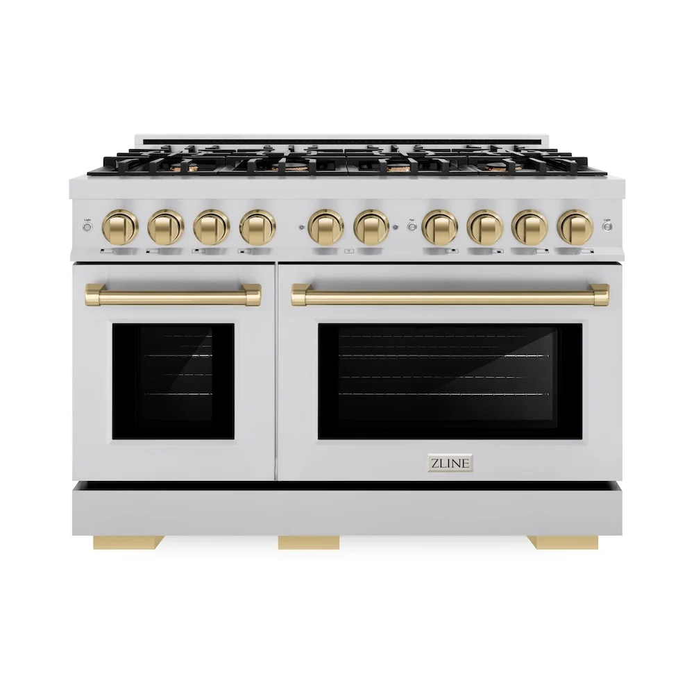 ZLINE Autograph Edition 48 in. 6.7 cu. ft. Select Double Oven Dual Fuel Range with 8 Burner Gas Cooktop in Stainless Steel and Champagne Bronze Accents, Open Box-Great Condition - Image 4