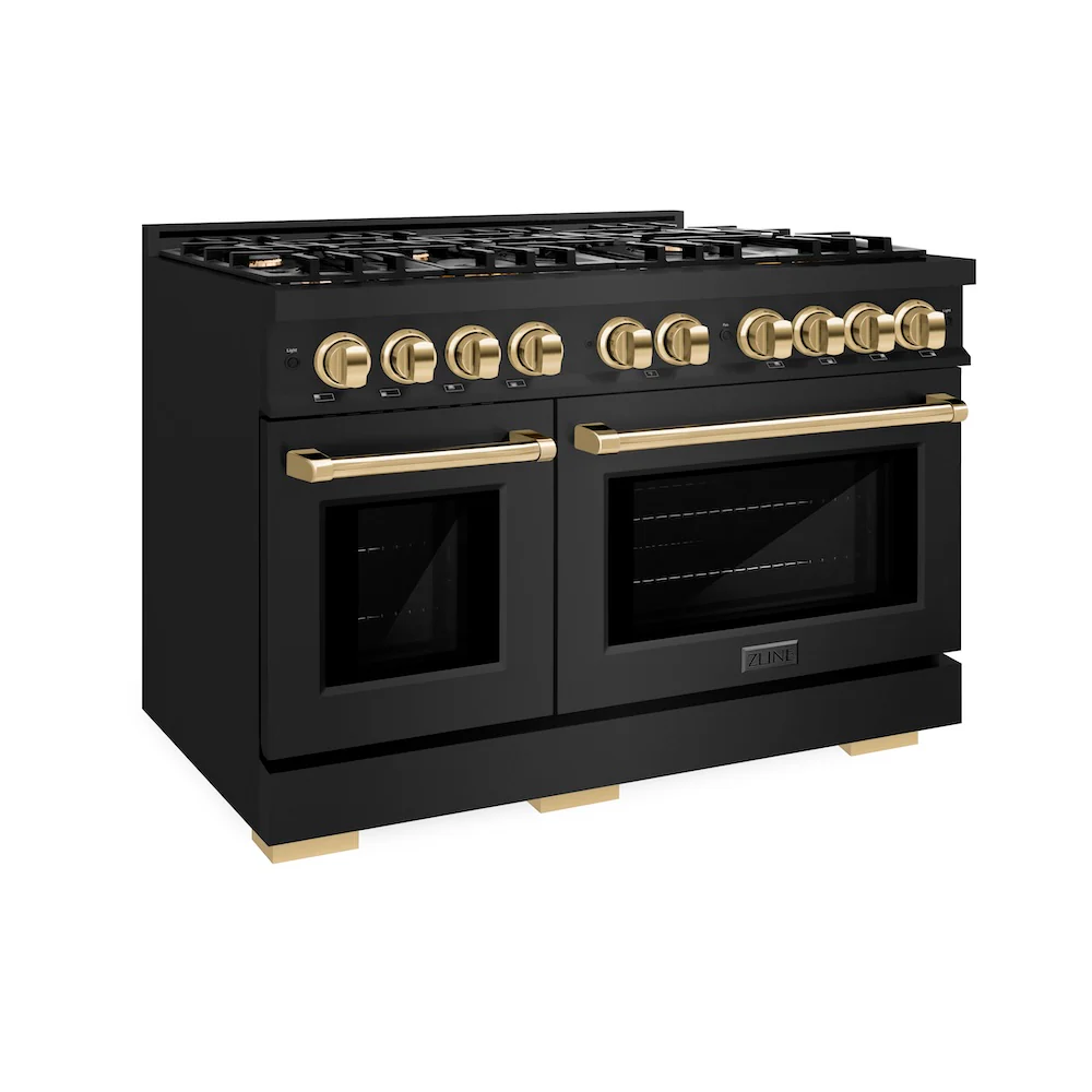 ZLINE Autograph Edition 48 in. 6.7 cu. ft. Select Double Oven Gas Range with 8 Burner Cooktop in Black Stainless Steel and Polished Gold Accents, Open Box-Great Condition