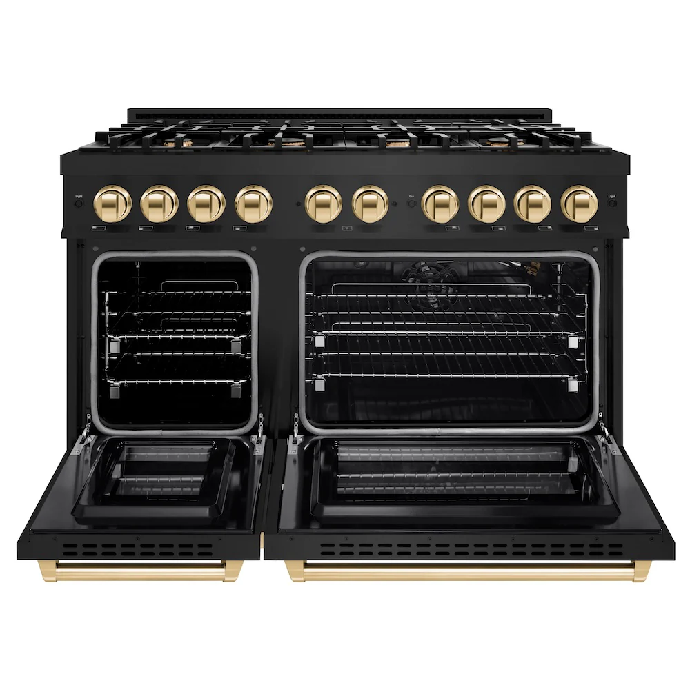 ZLINE Autograph Edition 48 in. 6.7 cu. ft. Select Double Oven Gas Range with 8 Burner Cooktop in Black Stainless Steel and Polished Gold Accents, Open Box-Great Condition - Image 5
