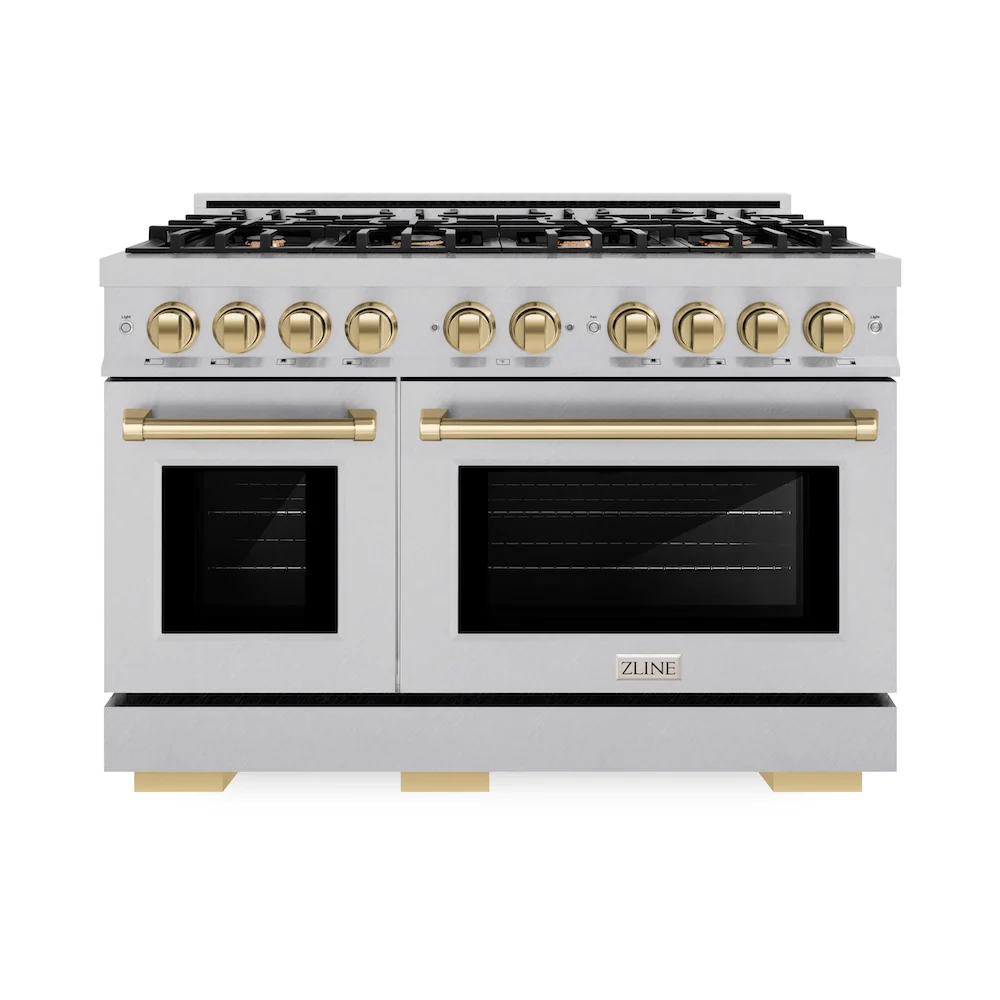 ZLINE Autograph Edition 48 in. 6.7 cu. ft. Select Double Oven Gas Range with 8 Burner Cooktop in Satin Stainless Steel and Champagne Bronze Accents, Open Box-Great Condition - Image 4