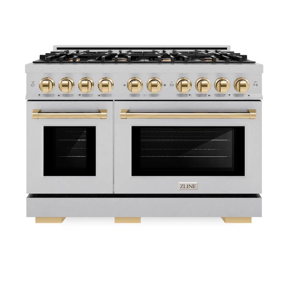 ZLINE Autograph Edition 48 in. 6.7 cu. ft. Select Double Oven Gas Range with 8 Burner Cooktop in Satin Stainless Steel and Polished Gold Accents, Open Box-Great Condition - Image 4