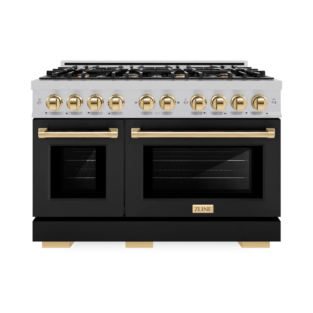 ZLINE Autograph Edition 48 in. 6.7 cu. ft. Select Double Oven Gas Range with 8 Burner Cooktop in Satin Stainless Steel with Black Matte Doors and Polished Gold Accents, Open Box-Great Condition - Image 3
