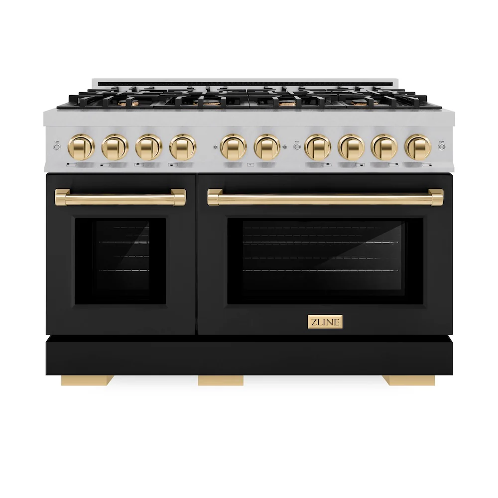 ZLINE Autograph Edition 48 in. 6.7 cu. ft. Select Double Oven Gas Range with 8 Burner Cooktop in Satin Stainless Steel with Black Matte Doors and Polished Gold Accents, Open Box-Great Condition - Image 4