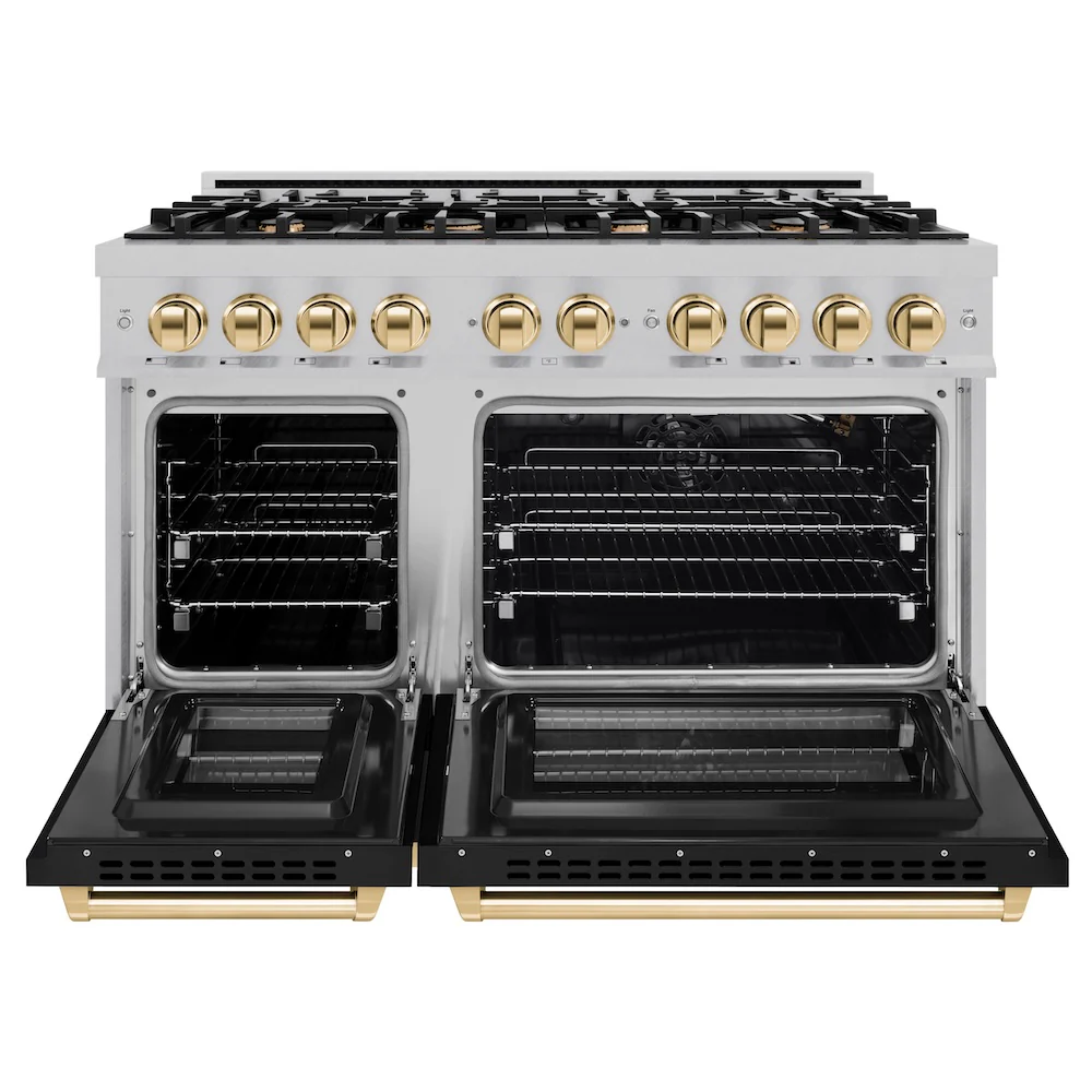 ZLINE Autograph Edition 48 in. 6.7 cu. ft. Select Double Oven Gas Range with 8 Burner Cooktop in Satin Stainless Steel with Black Matte Doors and Polished Gold Accents, Open Box-Great Condition - Image 5