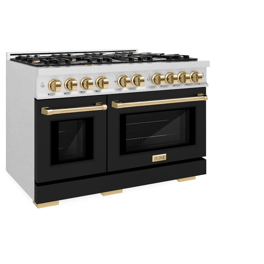 ZLINE Autograph Edition 48 in. 6.7 cu. ft. Select Double Oven Gas Range with 8 Burner Cooktop in Satin Stainless Steel with Black Matte Doors and Polished Gold Accents, Open Box-Great Condition - Image 6