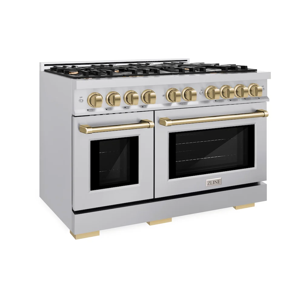ZLINE Autograph Edition 48 in. 6.7 cu. ft. Select Double Oven Gas Range with 8 Burner Cooktop in Stainless Steel and Champagne Bronze Accents, Open Box-Great Condition