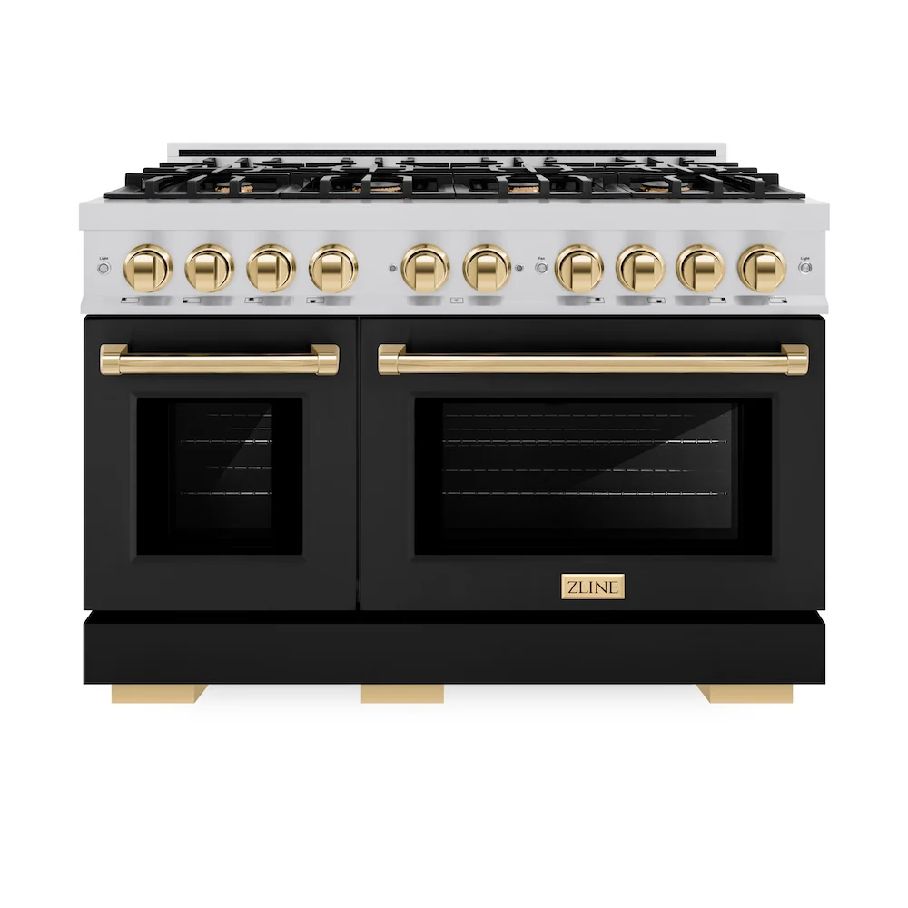 ZLINE Autograph Edition 48 in. 6.7 cu. ft. Select Double Oven Gas Range with 8 Burner Cooktop in Stainless Steel with Black Matte Doors and Polished Gold Accents, Open Box-Great Condition - Image 4