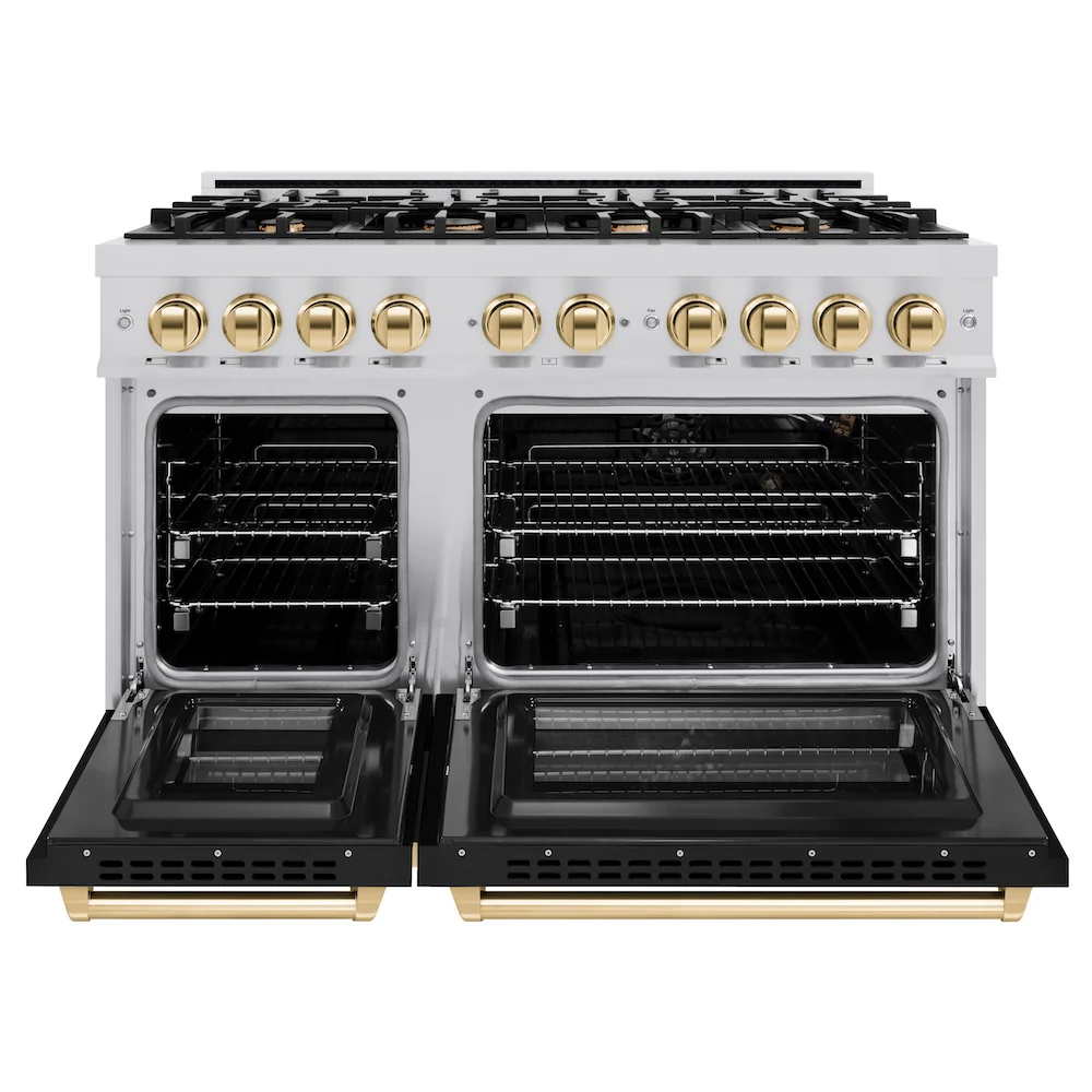 ZLINE Autograph Edition 48 in. 6.7 cu. ft. Select Double Oven Gas Range with 8 Burner Cooktop in Stainless Steel with Black Matte Doors and Polished Gold Accents, Open Box-Great Condition - Image 5
